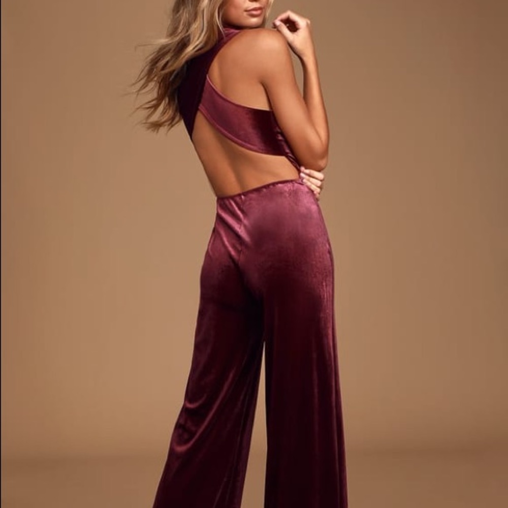 Plum Purple Velvet Backless Jumpsuit